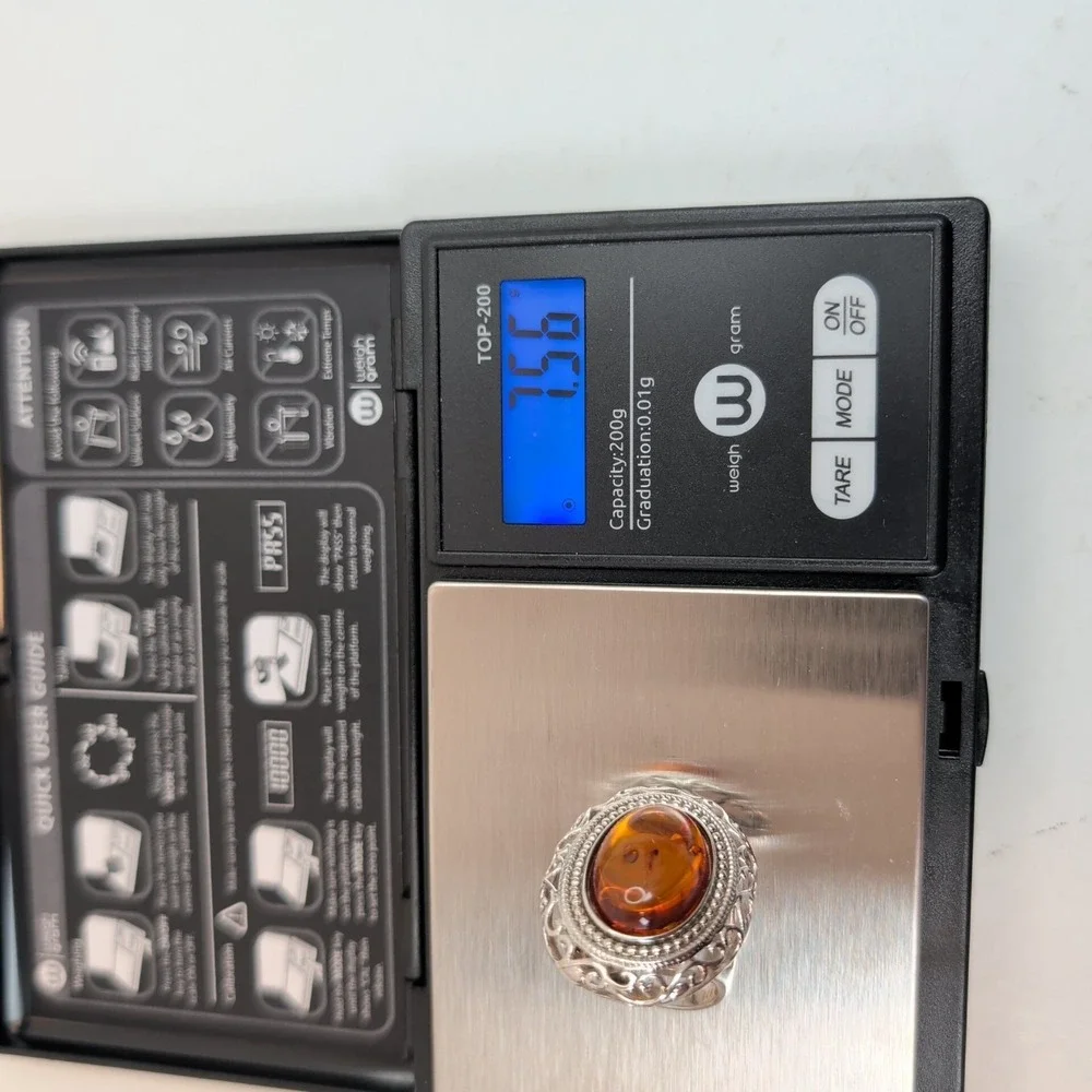 STS Jewels Sterling Silver & Cognac Amber Pebbled Filigree Statement Ring